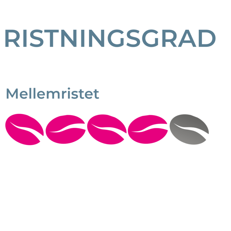 Billede af 5 bønner som afspejler ristningsgraden på kaffen. Denne kaffe er mellemristet og 4 ud af 5 kaffebønner er udfyldt med lyserød.