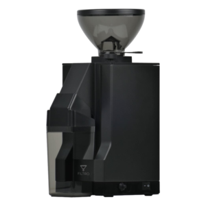 Sidebillede af Eureka Mignon Filtro kaffekværn i sort med rund bønnebeholder. Maskinen er udstyret med en stor bønnebeholder og et indbygget filterkaffebeholder, hvilket gør den ideel til filterkaffeentusiaster.