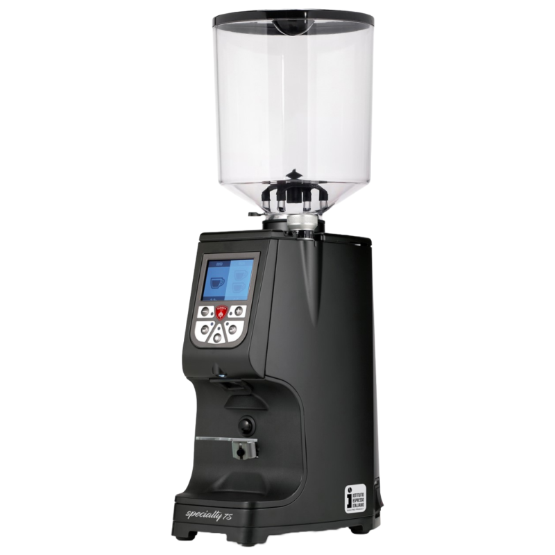 Vinklet billede af Eureka Atom Specialty 75 kaffekværn i sort med en stor rund bønnebeholder og digitalt display. Maskinen er designet til at levere hurtig og præcis kaffekværning med avancerede funktioner.