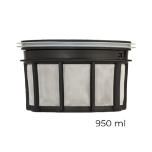 Espro dobbelt mikrofilter til 950ml stempelkander, sort med fine netmasker og en grå silikoneforsegling øverst. Dette filter sikrer effektiv filtrering af kaffe, hvilket efterlader en klar og grumsløs brygning. Det robuste design i plast og metal understøtter holdbarheden og ydeevnen for stempelkanden.
