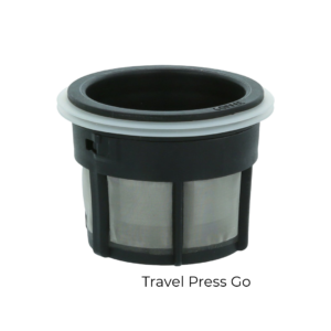 Espro dobbelt mikrofilter til Travel Coffee Press stempelkander, sort med fine netmasker og en grå silikoneforsegling øverst. Dette filter sikrer effektiv filtrering af kaffe, hvilket efterlader en klar og grumsløs brygning. Det robuste design i plast og metal understøtter holdbarheden og ydeevnen for stempelkanden.