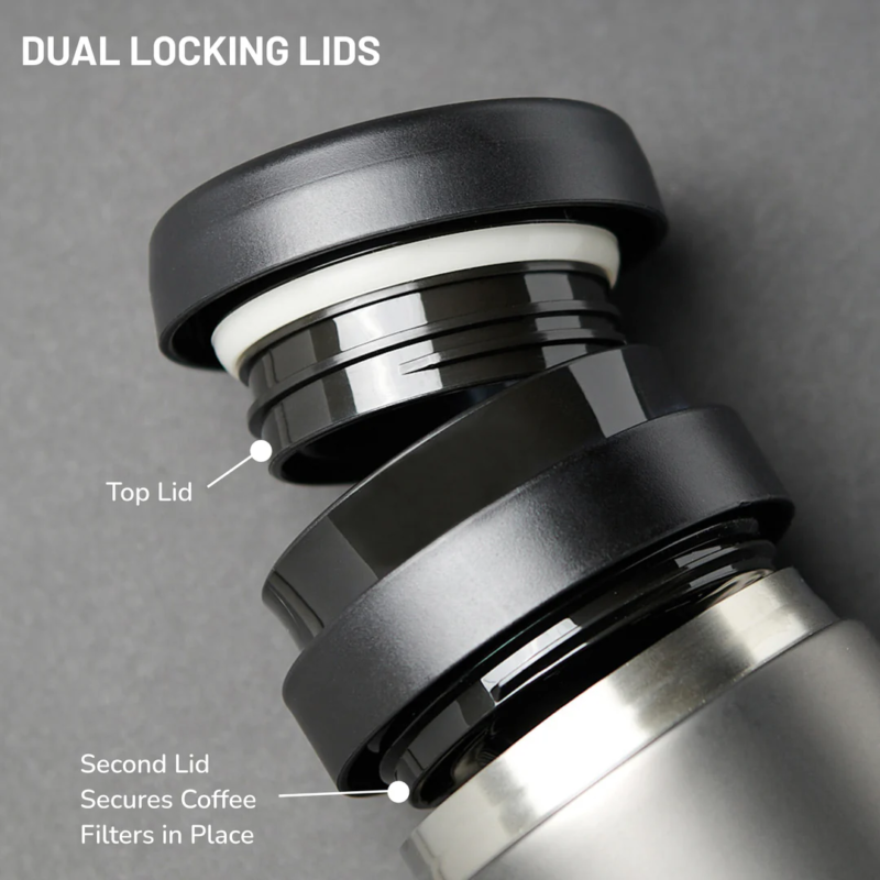 Nærbillede af Espro Travel P1's dobbeltlåsningslåg, hvor top- og andet låg er adskilt for at vise deres funktioner. Det øverste låg holder kanden tæt lukket, mens det andet låg sikrer, at kaffefiltrene forbliver på plads under brygning.