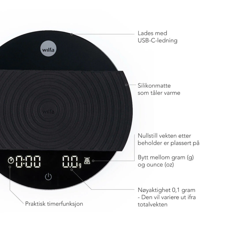 Wilfa digital kaffevægt med varmebestandigt silikoneunderlag og præcise vægtmålinger i gram og ounce.