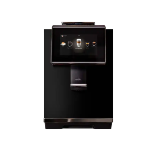 Witt Premium espressomaskine med en stor berøringsskærm i fronten, der viser forskellige kaffedrikke som valg, herunder espresso, cappuccino og latte macchiato. Maskinen har en slank sort finish med rustfri stålelementer. Under skærmen er der en udløbstud med "Witt"-logoet og en kromdetalje. Designet er minimalistisk og elegant, velegnet til moderne køkkener og caféer.