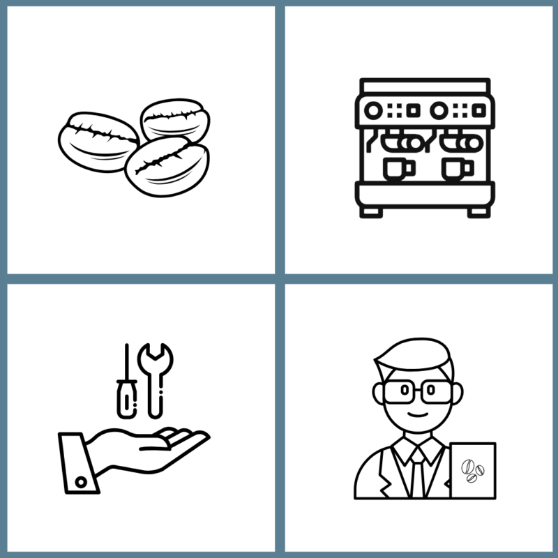 4 billeder: På første ses 3 kaffebønner, på nr 2 ses en espressomaskine, på 3 ses en hånd med værktøj, på 4 ses en "kaffenørd".