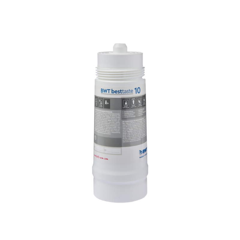 BWT Besttaste 10 filterpatron, et kompakt hvidt filter med blå og grå detaljer samt en overskuelig label, der beskriver produktets funktioner og anvendelse.