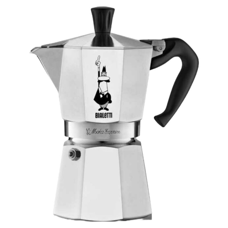 Bialetti Moka Express 6 kopper espressokande i klassisk aluminiumdesign med sort håndtag og lågknop, ideel til traditionel brygning af espresso