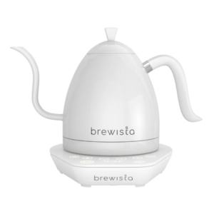 Brewista Artisan elkedel i hvid finish med svanehals og digital touch-betjening på basen, perfekt til præcisionsbrygning af kaffe og te.