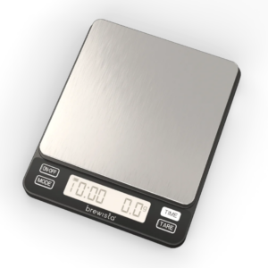 Brewista Smart Scale 2 med en rustfri stålplatform og digitalt display, ideel til præcis måling af kaffe og vægt."
