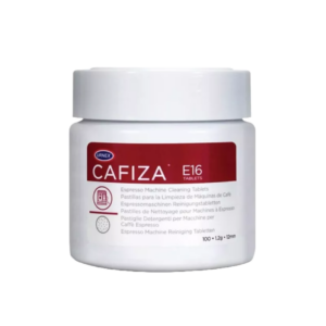 Urnex Cafiza E16 tabletter til rengøring af espressomaskiner i en hvid beholder med rød etiket og produktdetaljer.