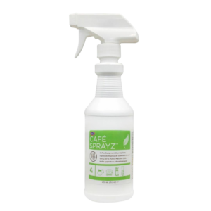Urnex Café Sprayz rengøringsmiddel i en 450 ml sprayflaske med hvidt og grønt design, ideel til rengøring af kaffeudstyr og apparater.
