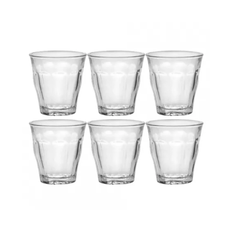 6 klassiske 20cl gennemsigtigte drikkeglas fra Duralex med rillede detaljer og robust design.