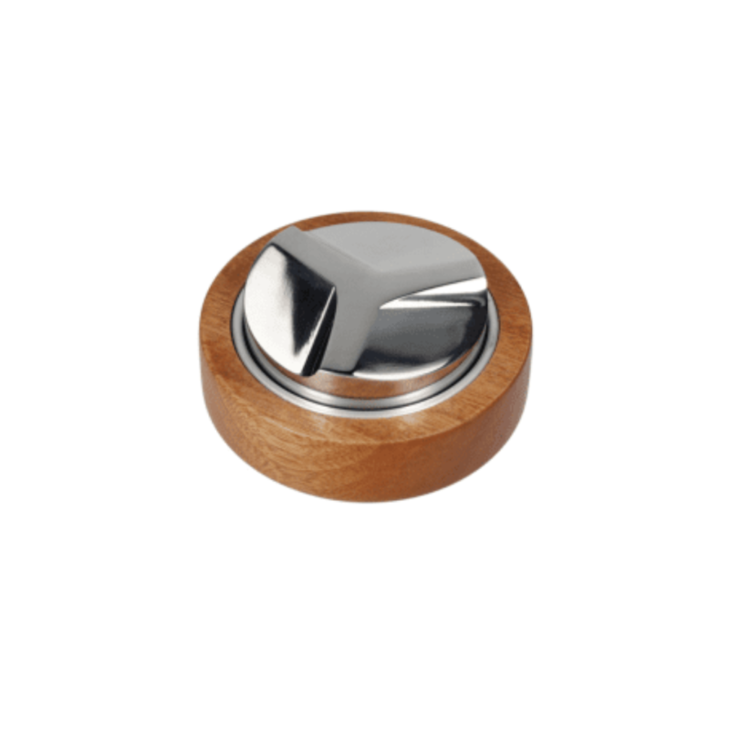 Motta Leveler Tool i træ og rustfrit stål, perfekt til jævn fordeling af kaffe i portafilteret.