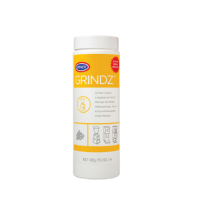 Urnex SuperGrindz rengøringstabletter til kaffekværne i en praktisk beholder med lilla etiket, hvor der er beskrevet produktanvendelse.