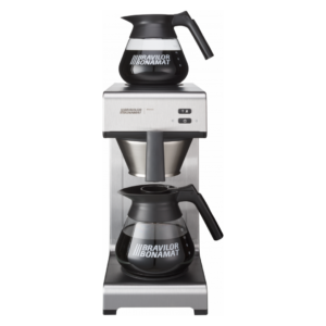 Bravilor Bonamat Mondo kaffemaskine med en glaskande på toppen og en glaskande under bryggeenheden. Maskinen er i rustfrit stål og sort plastdesign med fokus på funktionalitet.