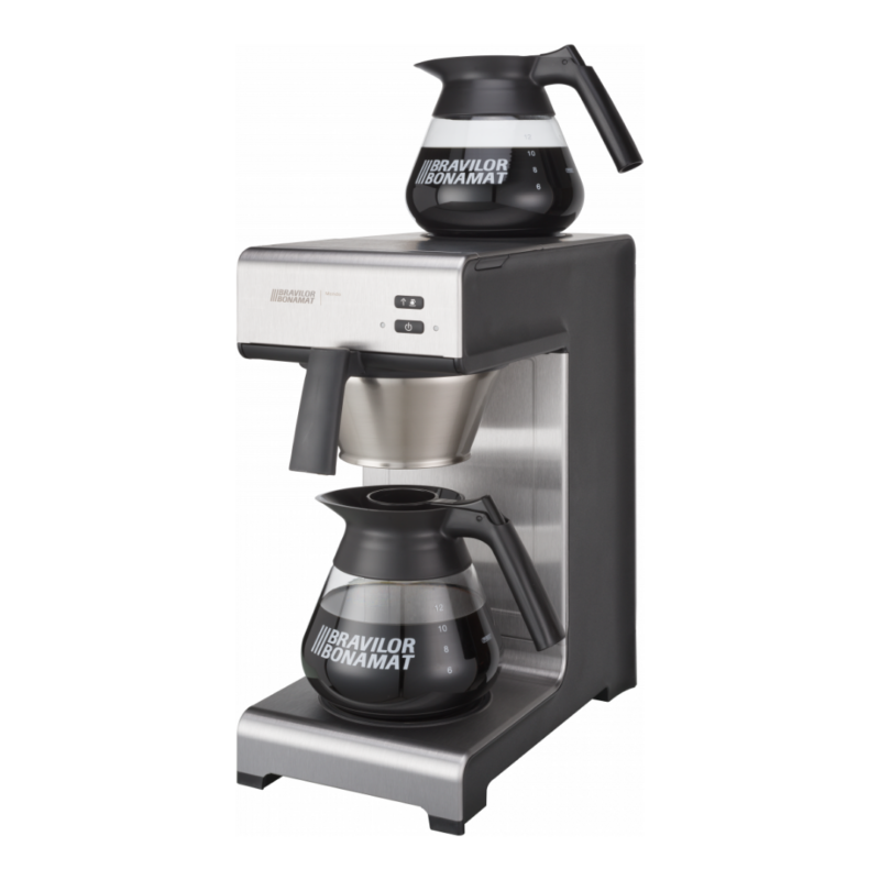 Bravilor Bonamat Mondo filterkaffemaskine i rustfrit stål med to glaskander, ideel til professionelle miljøer.