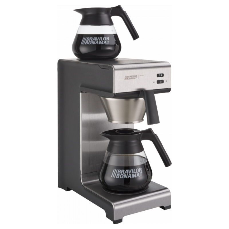 Sidevisning af Bravilor Bonamat Mondo filterkaffemaskine, med en kande på varmepladen og en ekstra kande ovenpå.