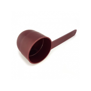 Brun plastmåleske med langt håndtag, designet til præcis dosering af kaffe eller andre pulverprodukter.