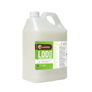 En 5-liters dunk Cafetto LOD Green afkalkningsmiddel 5L flydende med grøn og hvid etiket, designet til rengøring af espressomaskiner.