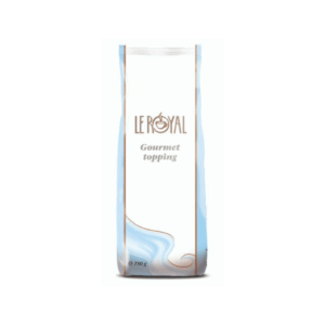 Billede af en hvid og blå pose Le Royal Gourmet Topping på 750 g. Designet på posen har elegante blå og brune detaljer med teksten 'Le Royal Gourmet topping' fremhævet på midten. Perfekt til professionelle kaffeløsninger.
