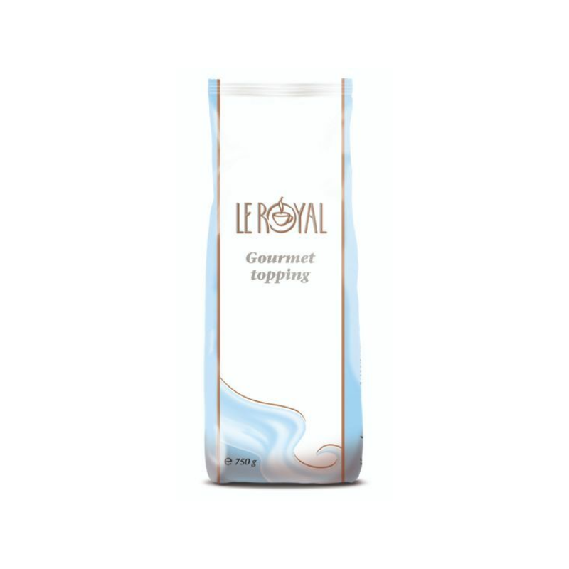 Billede af en hvid og blå pose Le Royal Gourmet Topping på 750 g. Designet på posen har elegante blå og brune detaljer med teksten 'Le Royal Gourmet topping' fremhævet på midten. Perfekt til professionelle kaffeløsninger.