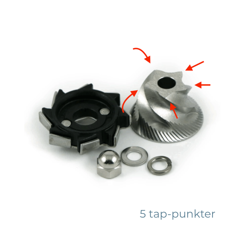 Inderkværn til Sage espressomaskine (5-punkts PRE-version) med røde pile, der markerer tap-punkterne øverst på kværnen.