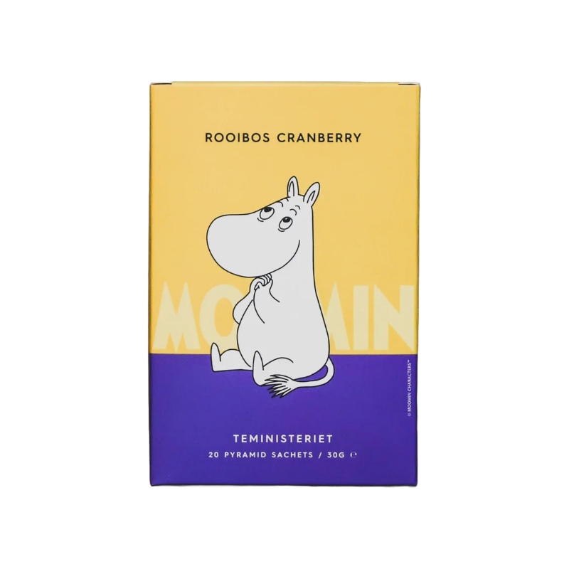 Teministeriet Moomin Rooibos Cranberry te i en rektangulær papæske med samme gule og lilla farveskema som ståposen. Forsiden har en illustration af Mummitrolden og produktnavnet "Rooibos Cranberry" øverst. "Teministeriet" er skrevet nederst sammen med information om, at æsken indeholder 20 pyramide-tebreve (30 g). Designet er enkelt og indbydende med et børnevenligt udtryk.