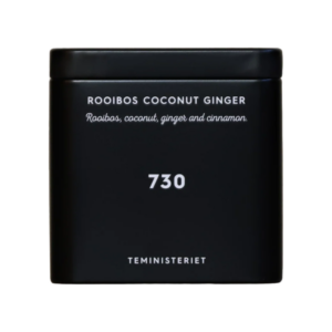 730 Rooibos Coconut Ginger i tin dåse. Sort te-dåse med tekst "Rooibos Coconut Ginger" og nummer 730 fra Teministeriet.
