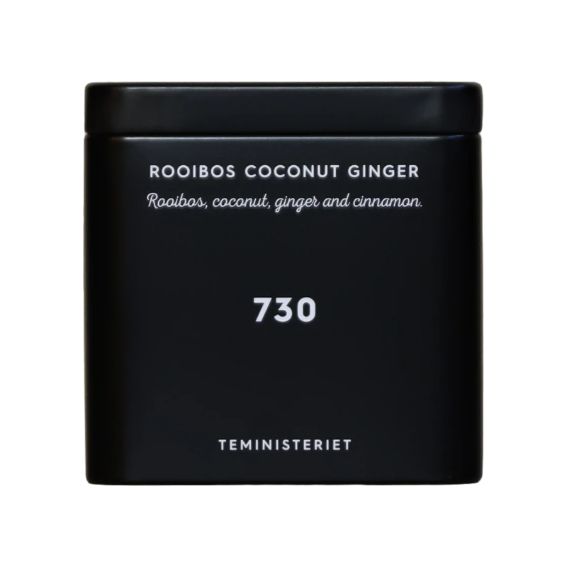 730 Rooibos Coconut Ginger i tin dåse. Sort te-dåse med tekst "Rooibos Coconut Ginger" og nummer 730 fra Teministeriet.