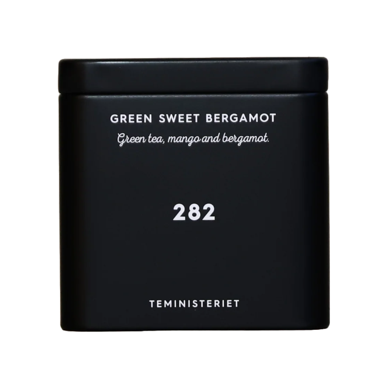 En tedåse med 282 Green Sweet Bergamot. Sort dåse fra Teministeriet med teksten "Green Sweet Bergamot – Green tea, mango and bergamot" samt nummeret 282.
