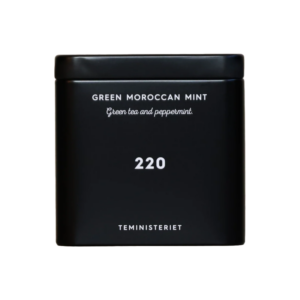 220 Green Moroccan Mint tedåse. En elegant sort metaldåse fra Teministeriet med teksten "Green Moroccan Mint" og nummeret 220. Dåsen indeholder grøn te med pebermynte.
