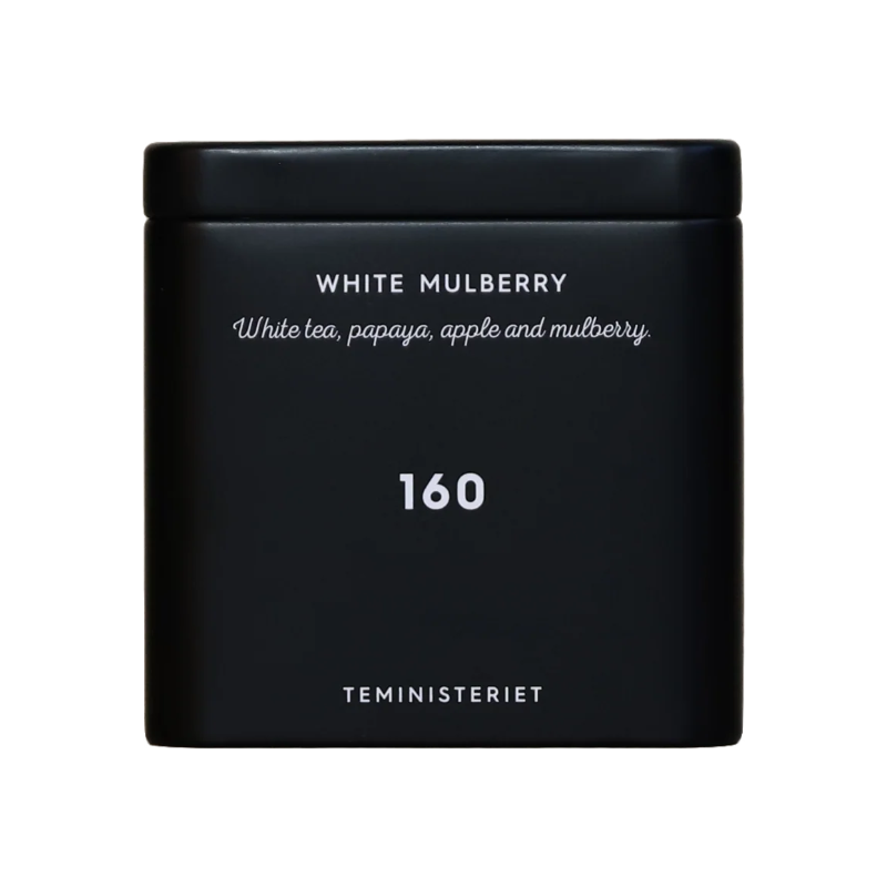 En sort, firkantet tebeholder med 160 White Mulberry fra Teministeriet med teksten "White Mulberry" og beskrivelsen "White tea, papaya, apple and mulberry". Den minimalistiske emballage har en elegant og moderne stil.