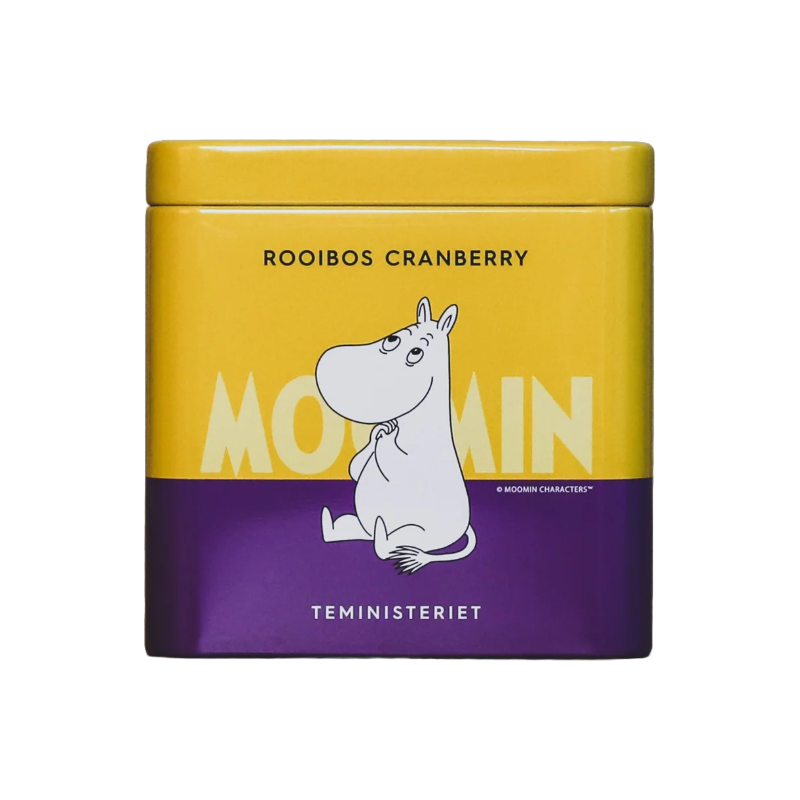 Dåse med Teministeriet Moomin Rooibos Cranberry te i gul og lilla emballage, dekoreret med Moomin-karakteren.