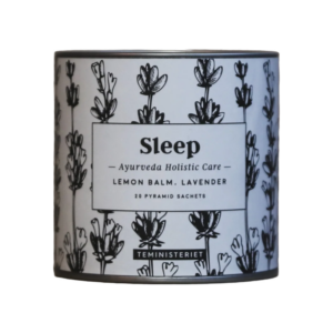 En rund, sort-hvid metaldåse med botanisk illustration og etiketten "Sleep – Ayurveda Holistic Care". Dåsen indeholder 20 pyramide-tebreve med citronmelisse og lavendel