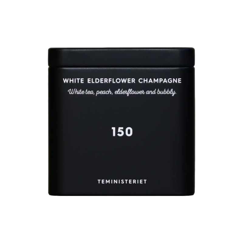 150 White Elderflower Champagne i tindåse. Sort metaldåse med hvid tekst fra Teministeriet, indeholdende White Elderflower Champagne te.