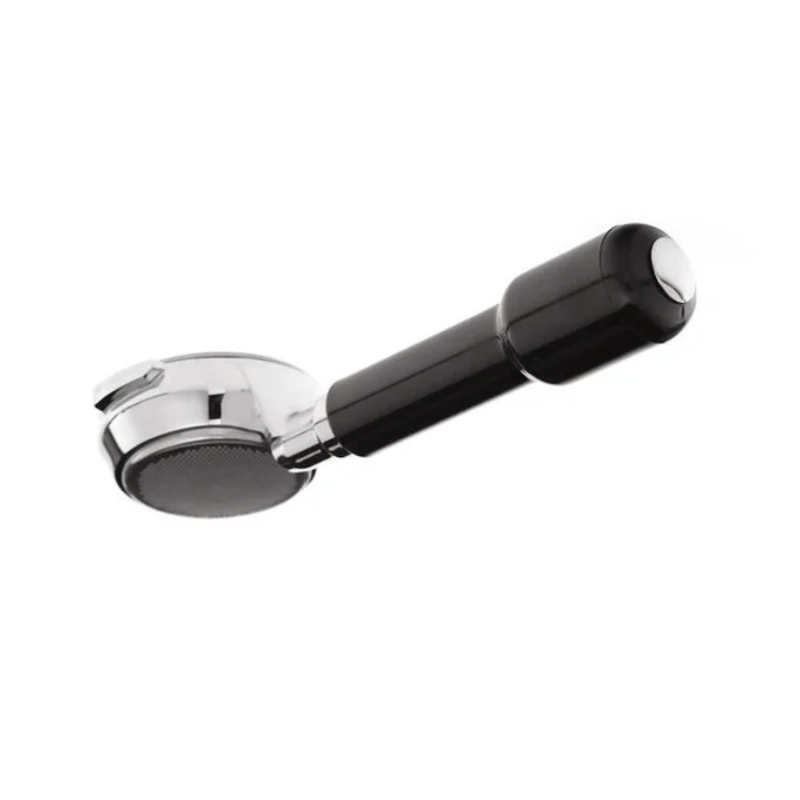 Rocket Bottemless portafilter set fra bunden. Selve håndtaget er sort, og holderen er i sølv