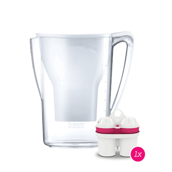 BWT AQUAlizer Home filterkande i klar plast med integreret filterindsats og medfølgende magnesium-mineraliseringsfilter.
