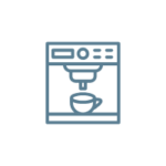 En stregtegning af en kaffeautomat i vores signatur blå