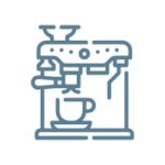 Et ikon af en espressomaskine med en kaffekop under bryggehovedet i Mokkahouses signatur blå farve