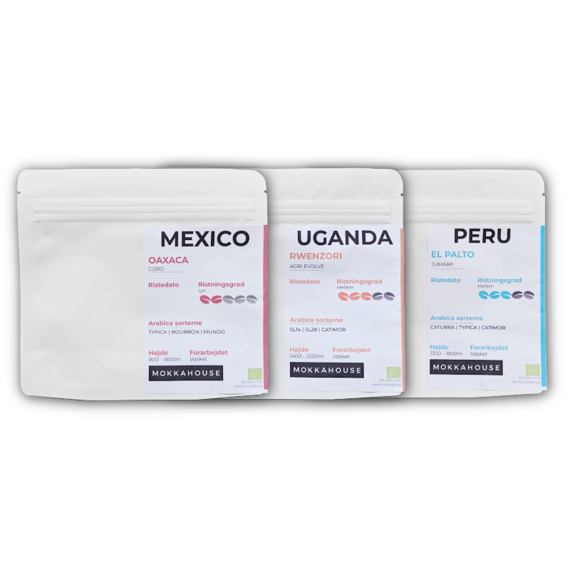 Tre poser økologisk filterkaffe fra Mokkahouse, med oprindelse fra Mexico, Uganda og Peru præsenteret som en smagspakke.