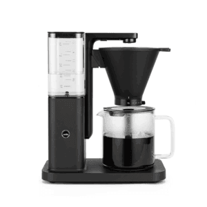 Wilfa Zense kaffemaskine i sort med glaskande, set fra siden.