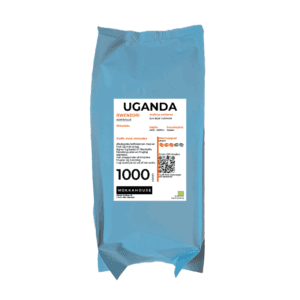 Blå pose med Mokkahouse Uganda Rwenzori kaffe, 1000 gram, med detaljeret etiket med smagsnoter og oprindelse.