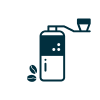 Stregtegning af en håndkværn med 2 bønner ved siden af