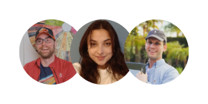 Der er tre billeder af tre personer. Fra venstre side ses Simon, Gabriela og Lasse