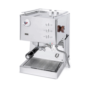 Quick Mill espressomaskine i rustfrit stål med trykmåler, kontrolknapper og trædetaljer.