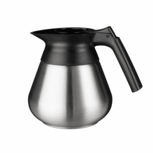 Bravilor Bonomat Kaffekande - Rustfrit stål serveringskande i poleret rustfrit stål med sort plastlåg og ergonomisk håndtag, fotograferet i profil på hvid baggrund.