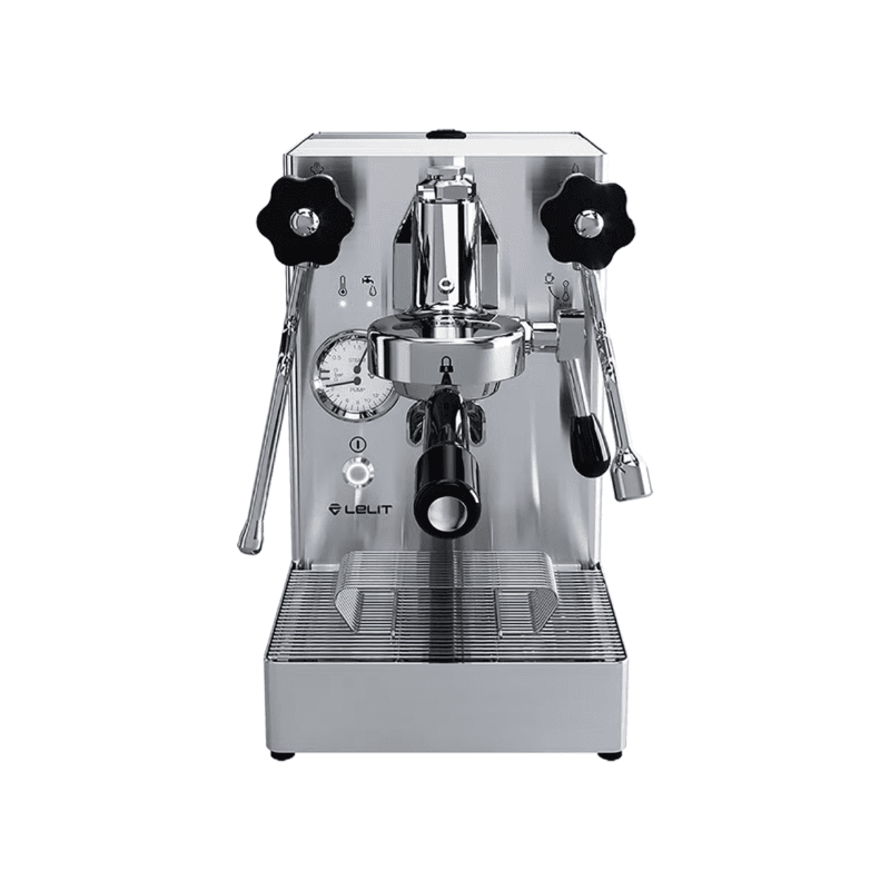 Frontbillede af Lelit MaraX espressomaskine i børstet rustfrit stål.
