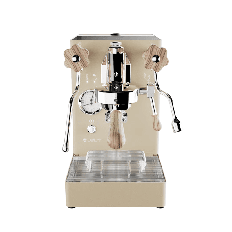 Lelit MaraX espressomaskine i guld med træhåndtag – frontbillede