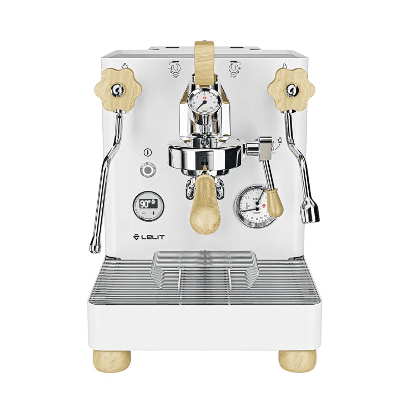 Lelit Bianca espressomaskine i hvid med trædetaljer – front.