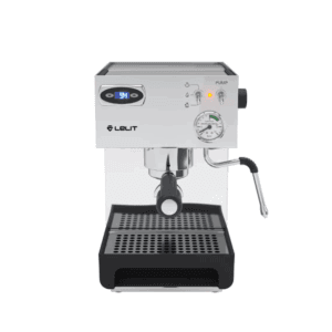 Frontbillede af Lelit Anna espressomaskine i blankpoleret stål med digital temperaturdisplay.